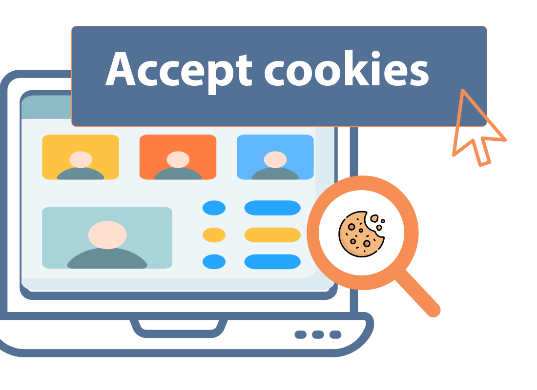 A magnifying glass over a laptop showing a cookie/ biscuit