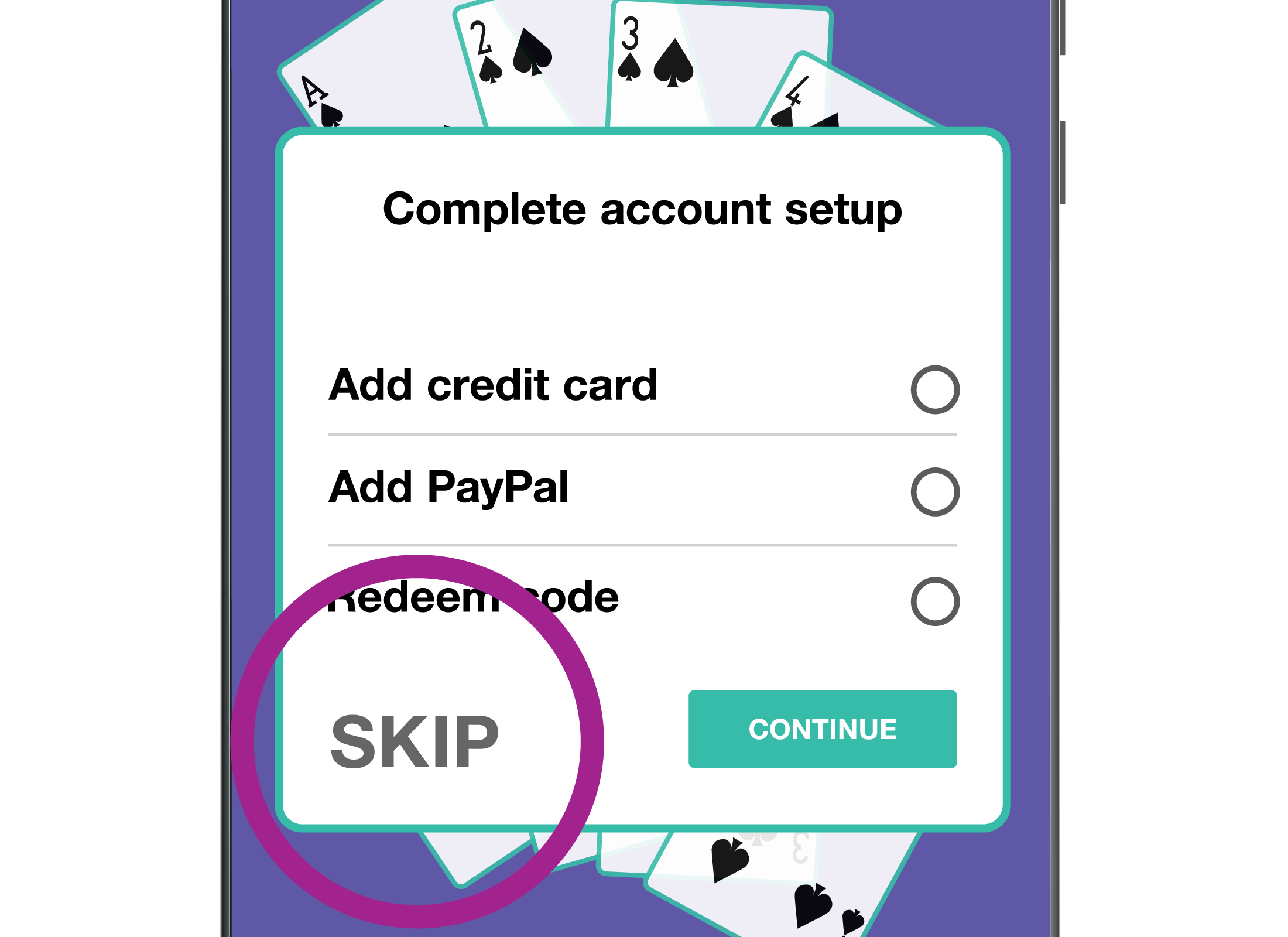 The options available when setting up an account with an official app store - you don't need to save your credit card details with them, simply choose 'Skip'