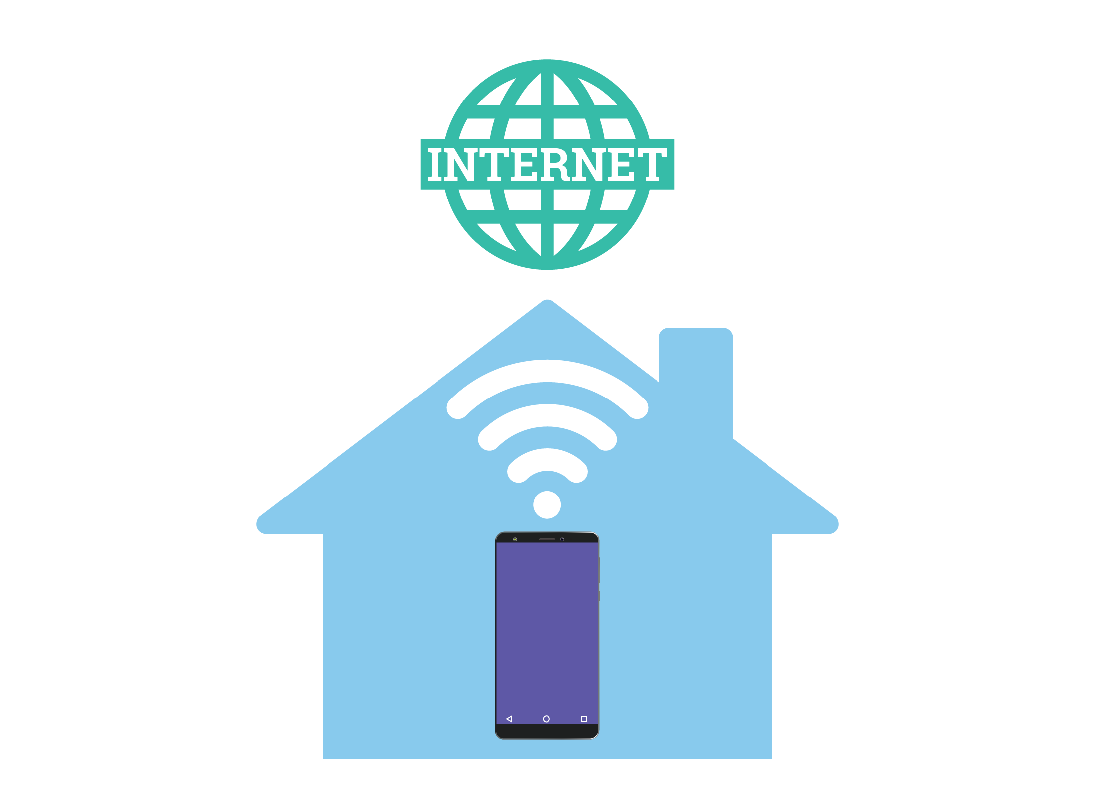 An illustration showing a smartphone in a home connecting to the internet using home Wi-Fi