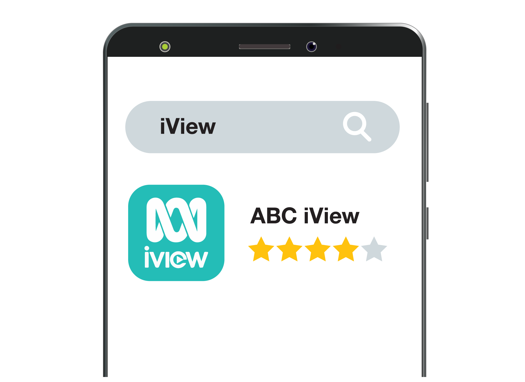 A search for 'iView' on a smartphone to locate the app quickly