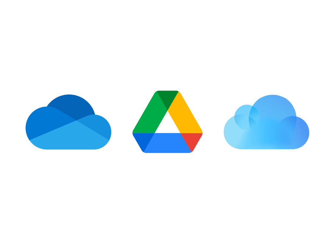 Onedrive, Google drive and iCloud logos